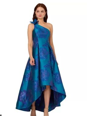Adrianna Papell Teal and Blue One-Shoulder Jacquard High-Low Gown